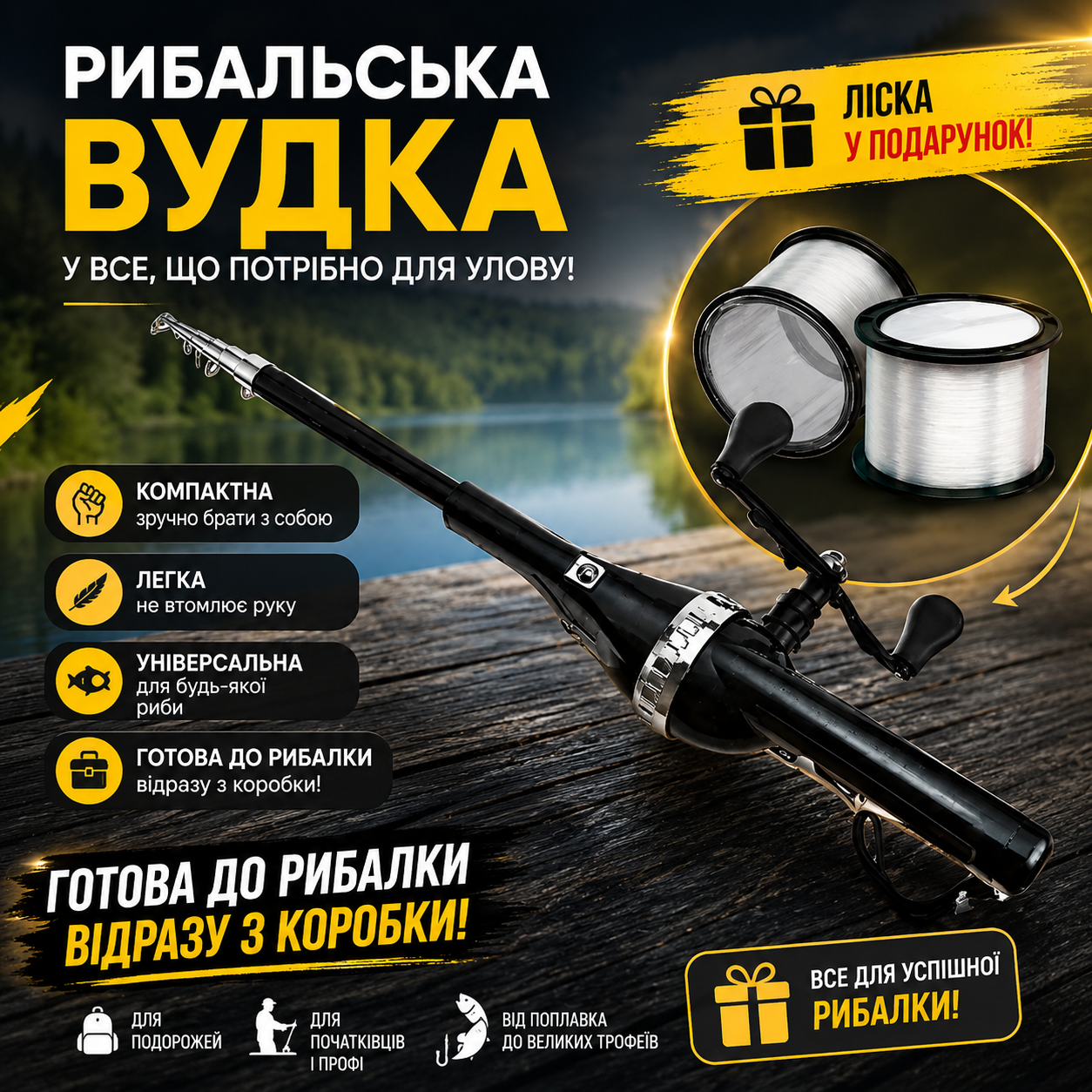 Складна вудка із вбудованою катушкою